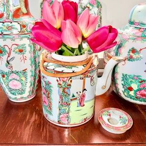 Antique Famille Rose Medallion Porcelain Teapot | Grandmillenial Decor |